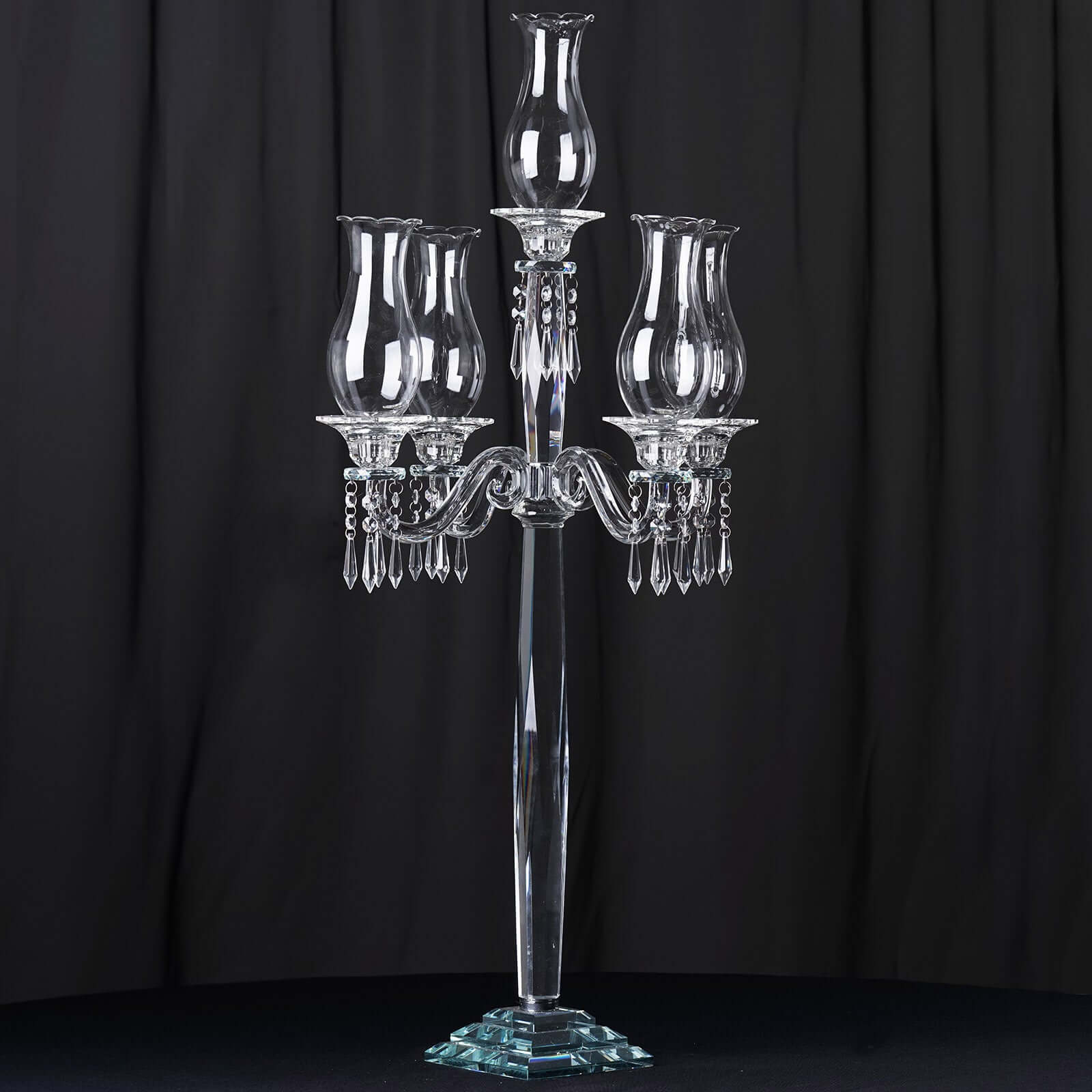 5 Arm Crystal Glass Taper Candle Holder Candelabra 40" - Luxurious Table Centerpiece With Chandelier Chains